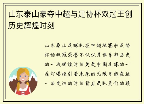 山东泰山豪夺中超与足协杯双冠王创历史辉煌时刻 山东泰山豪夺中超与足协杯双冠王创历史辉煌时刻