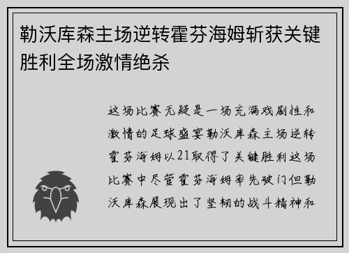 勒沃库森主场逆转霍芬海姆斩获关键胜利全场激情绝杀