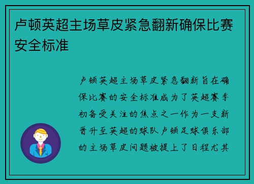 卢顿英超主场草皮紧急翻新确保比赛安全标准 卢顿英超主场草皮紧急翻新确保比赛安全标准